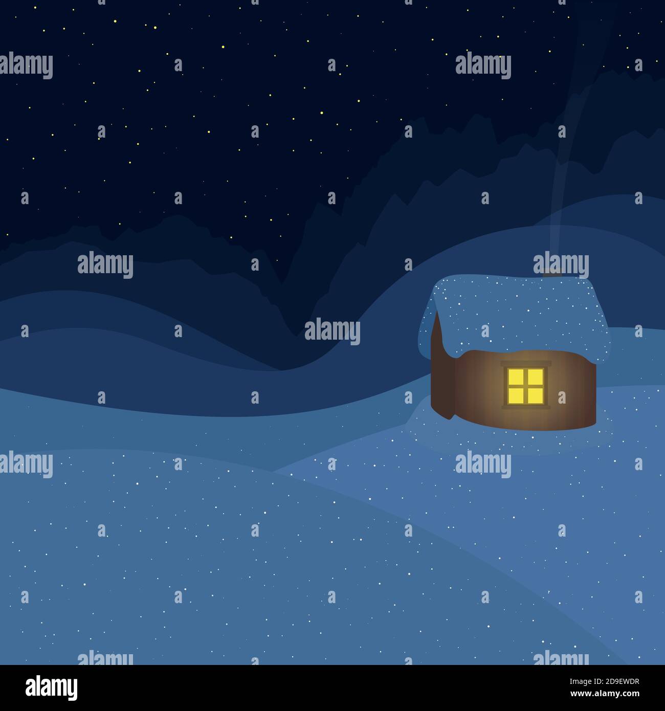 Lonely snow covered mountain hut in snowy hill landscape, lighted window, starry night. Symbolic for seclusion, retirement, loneliness, solitude. Stock Photo