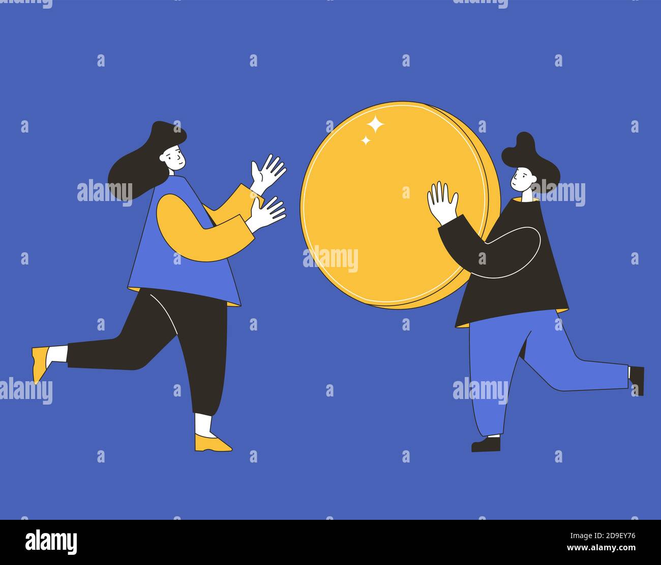 Man give a huge gold coin to woman. Adult characters with money ...