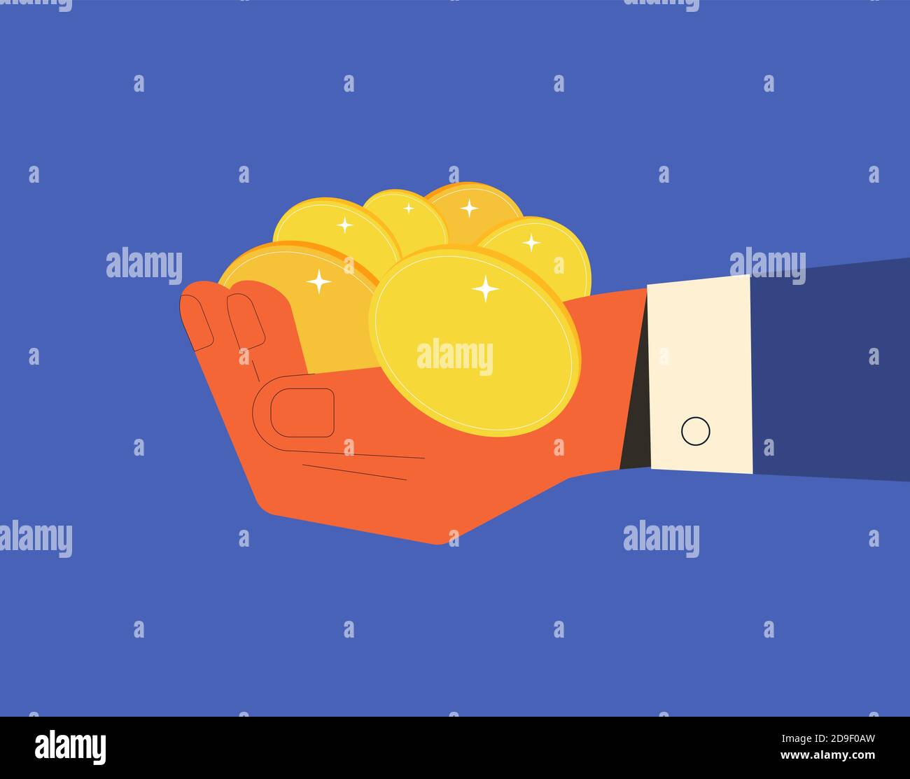 Financial help, sharing and charity. Income and profit. Hand with coins