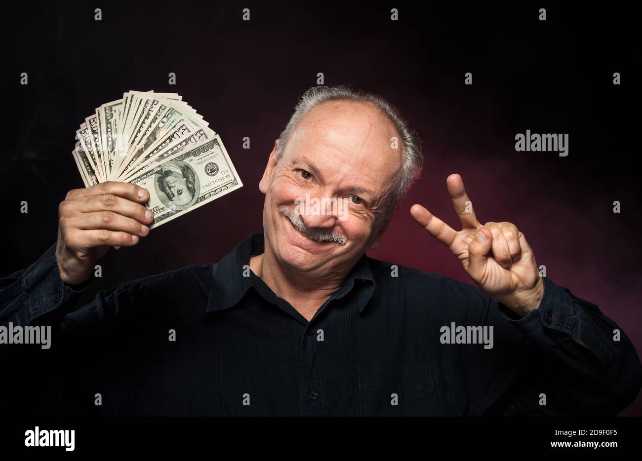 Lucky Old Man Holding With Pleasure Group Of Dollar Bills Stock Photo Alamy