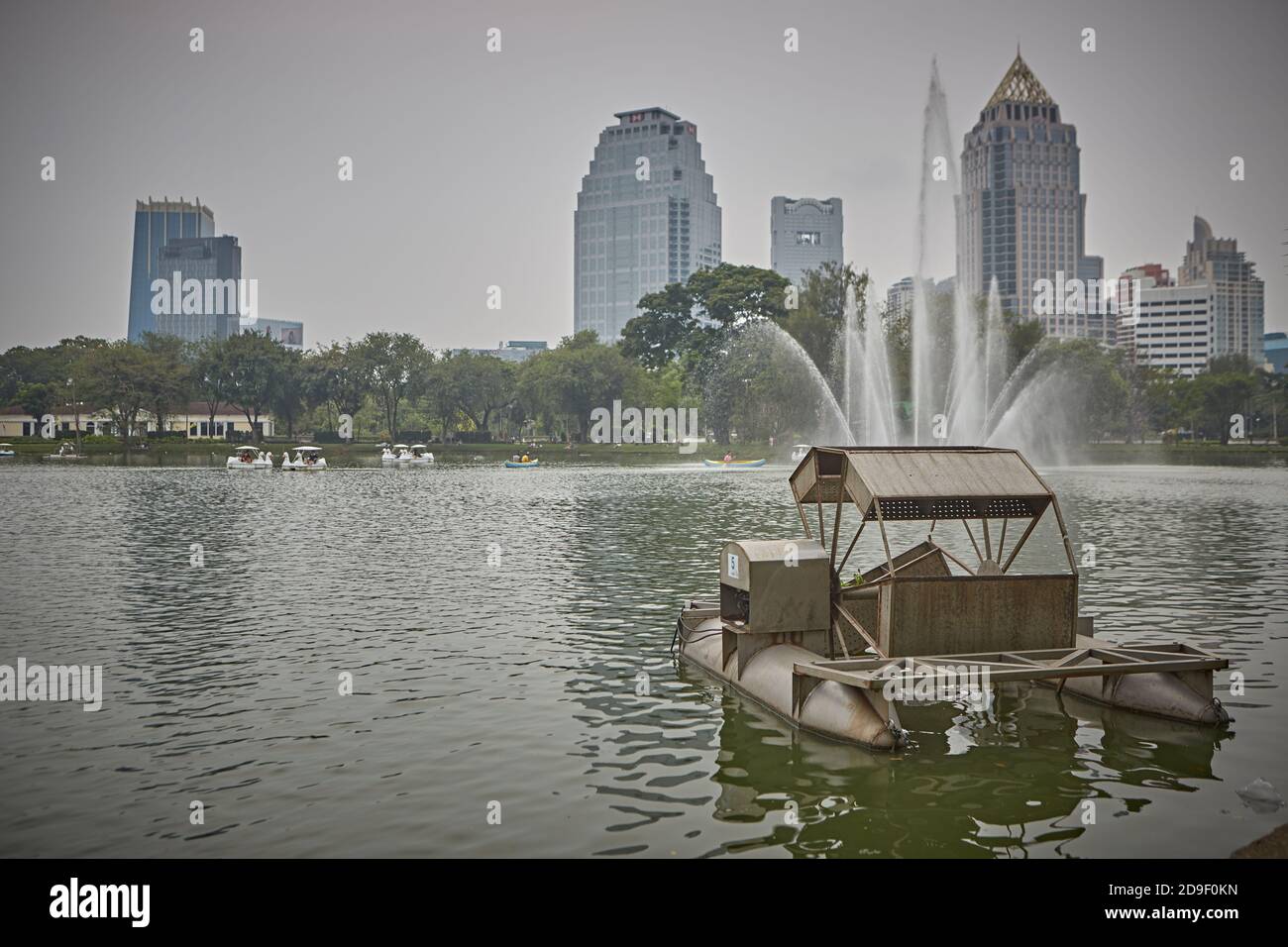 Bangkok, Thailand, March 2106. Water cleaning machine at Lumpini Park Lake. Stock Photo