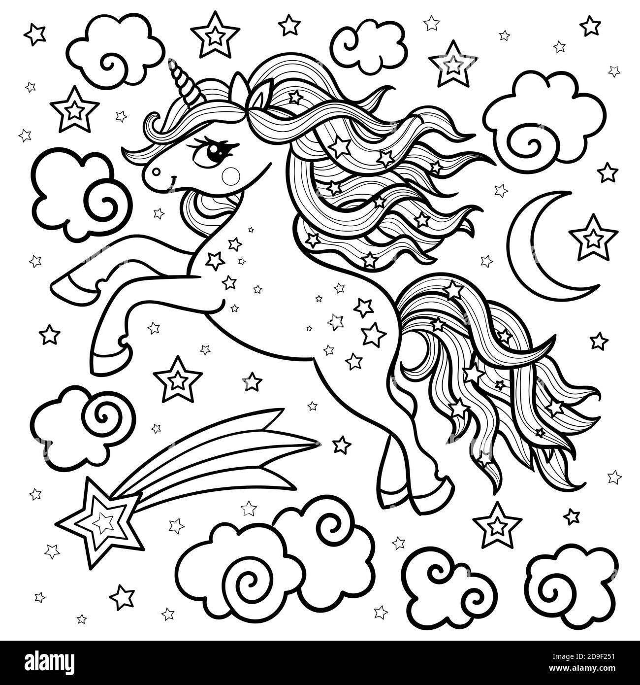 cartoon cute unicorn among the stars black and white linear drawing