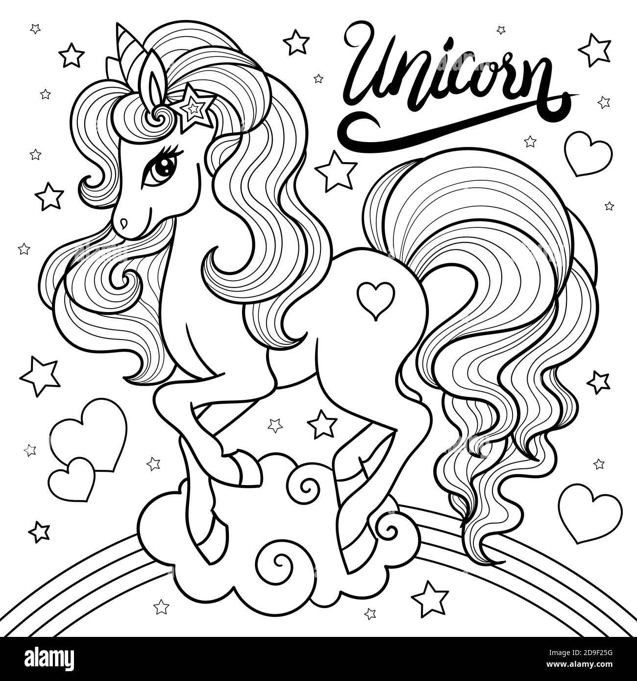 Cute Unicorn On The Rainbow Unicorn Lettering Black And White Children S Illustration For The Design Of Prints Posters Coloring Books Postcards Stock Vector Image Art Alamy