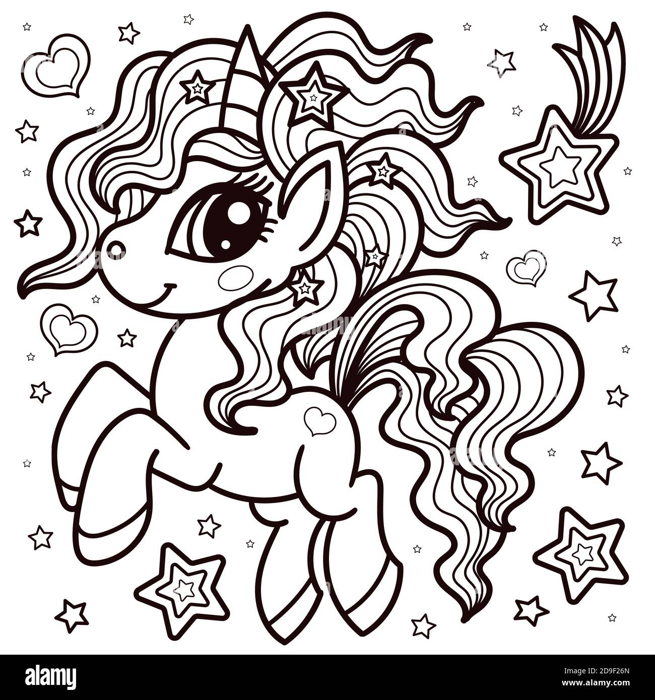 Cute little unicorn. Black and white image. Fantastic animal. For design. coloring books, prints, posters, stickers, tattoos, postcards, etc. Vector i Stock Vector