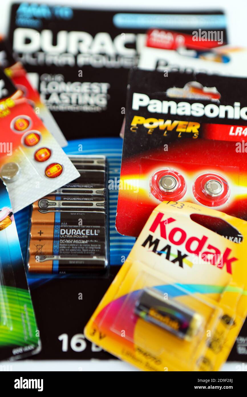 Various types and makes of batteries including Duracell, Kodak, Panasonic, Energizer Stock Photo