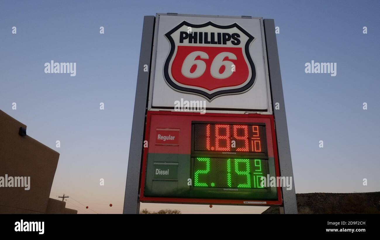 New Mexico, cheap gasoline advertised on Phillips 66 service station