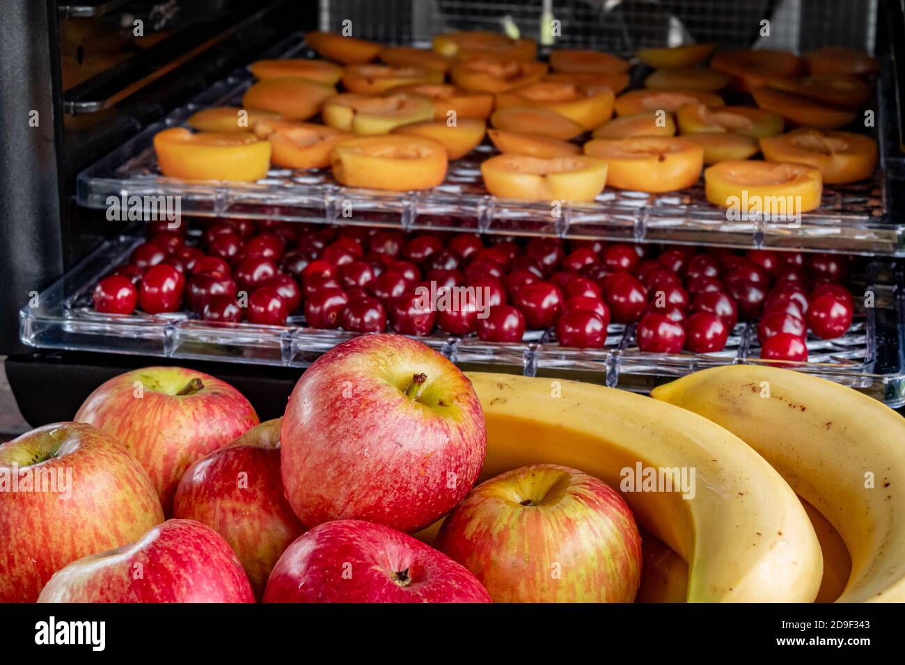 Fresh red apples and bananas on a chopping Board. In the background, a drying machine for dehydration with horizontal loading of pallets. There are ap Stock Photo