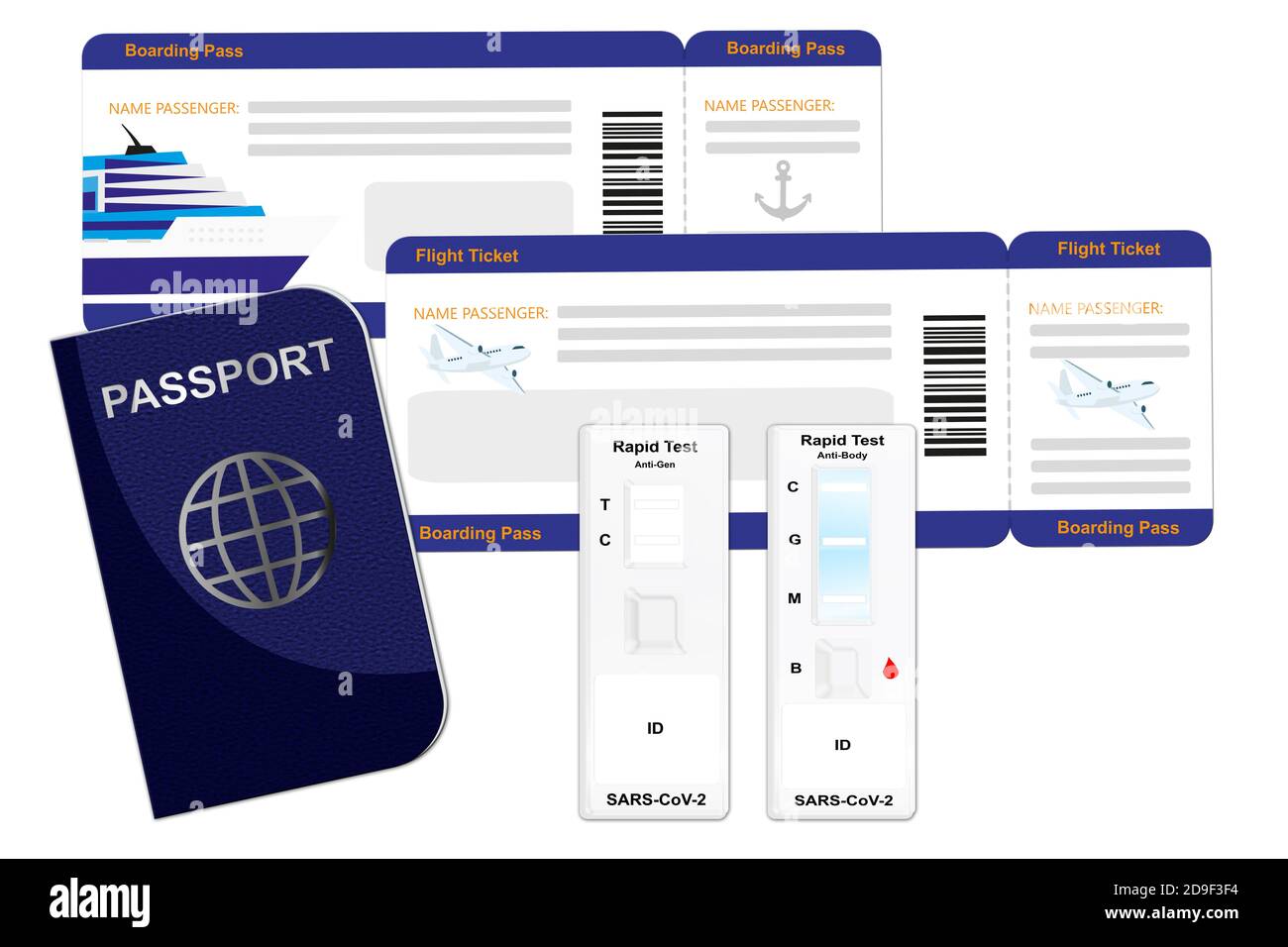 Corona Schnelltest mit Reisepass, Flugticket und Schiffsticket Stock Photo