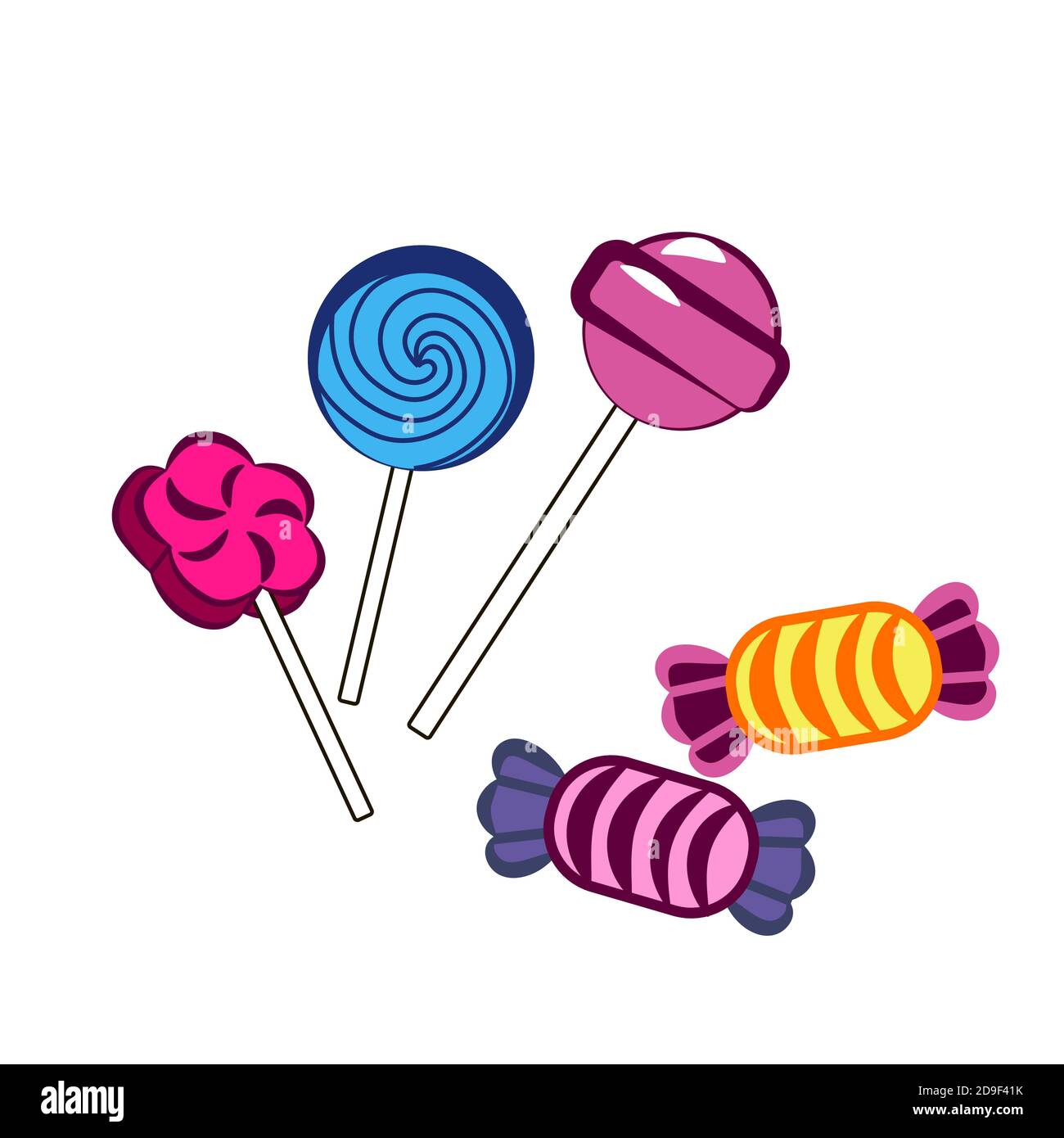 Sweet candy lollipops and chocolates in packaging isolated on white