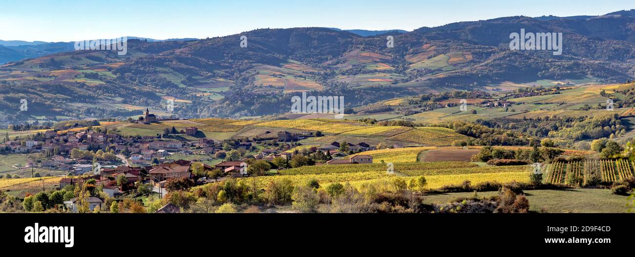 The village of Oingt in the  Beaujolais region of France. The region is known for wines of the same name. Its name comes from its Latin name Yconium. Stock Photo