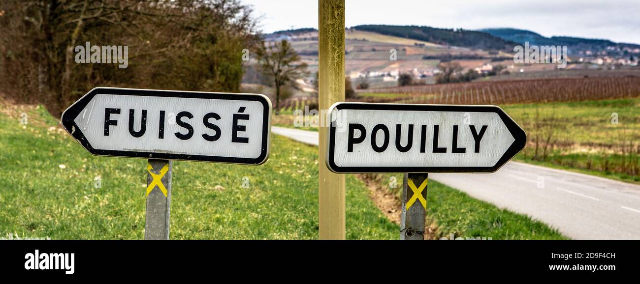 Signs for the villages of Pouilly anf Fuisse in the Burgundy wine region of France. The Puilly-Fuisse wine is a white wine made of chardonnay grapes. Stock Photo