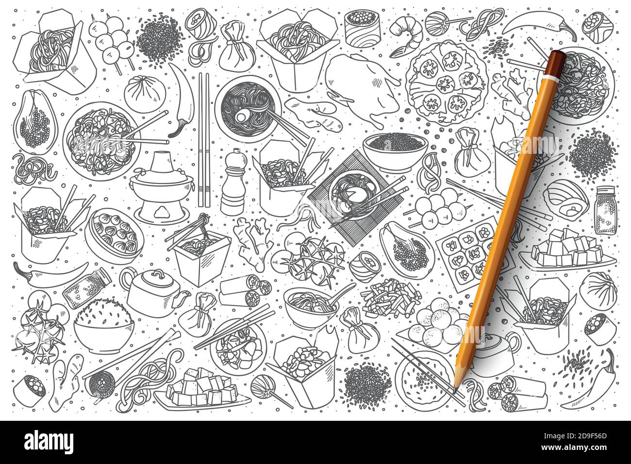 Chinese food vector doodle set Stock Vector
