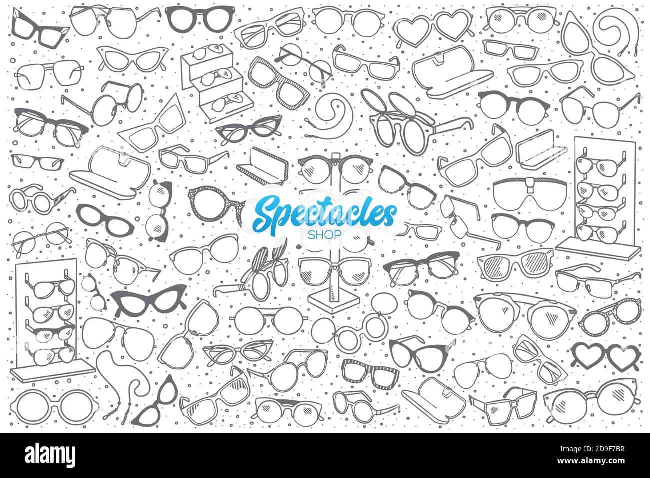 Hand drawn spectacles shop set with lettering Stock Vector
