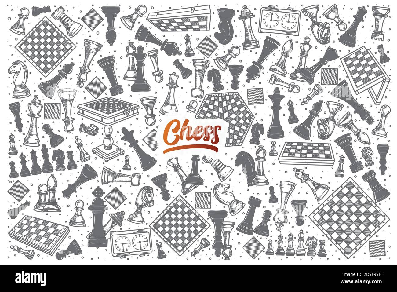 Hand drawn Chess doodle set with lettering Stock Vector