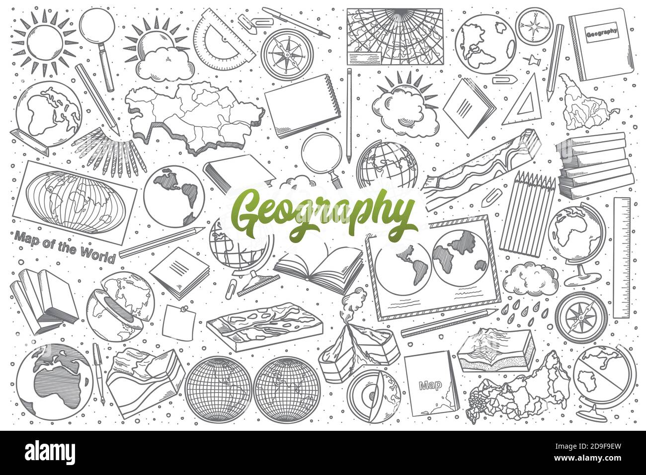 Hand drawn Geography doodle set with lettering Stock Vector