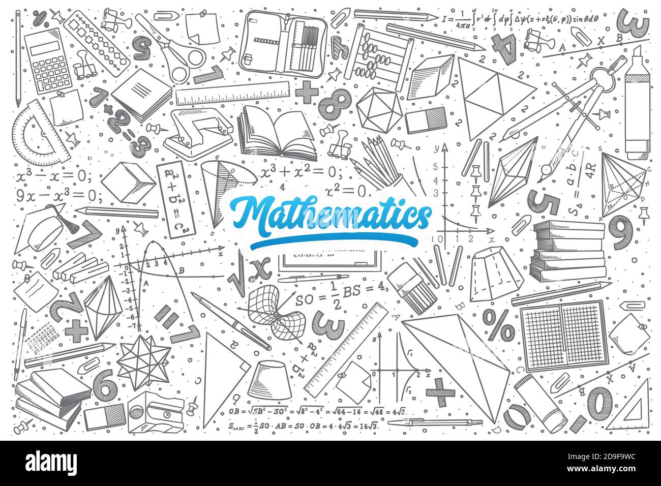 Hand drawn Mathematics doodle set with lettering Stock Vector