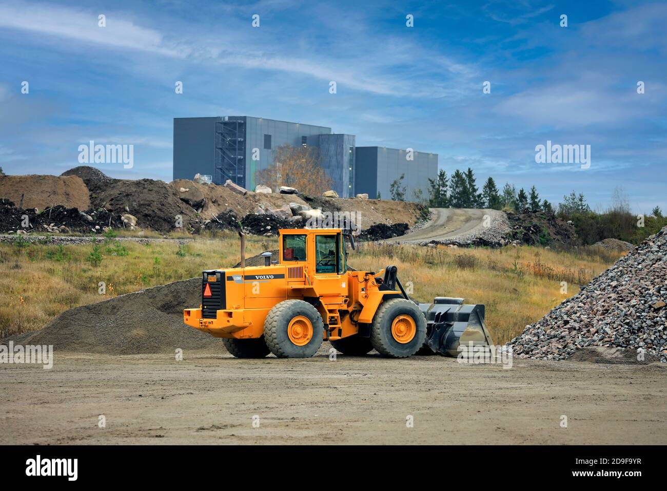 Yellow Volvo BM L120C wheel loader at construction site on a beautiful day. Salo, Finland. October 31, 2020 Stock Photo