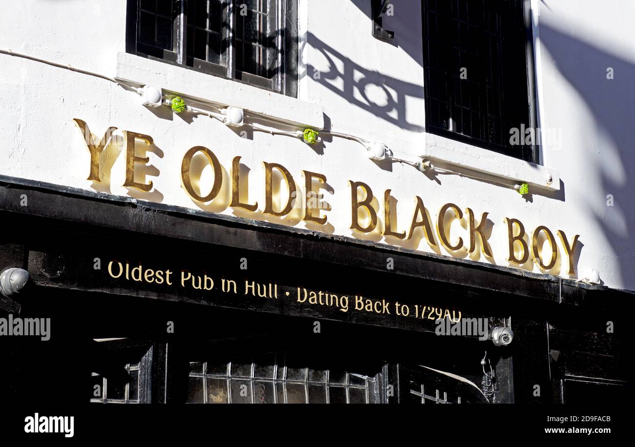 Sign for Ye Olde Black Boy, a pub on High Street, Old Town, Hull, East Yorkshire, Humberside, England UK Stock Photo