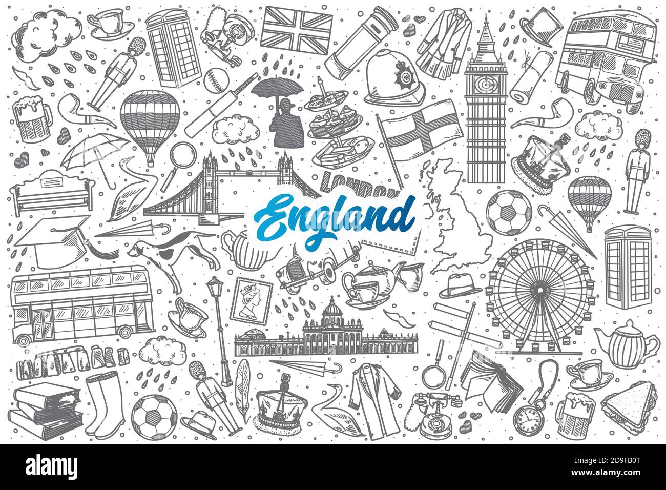 Hand drawn England doodle set with lettering Stock Vector