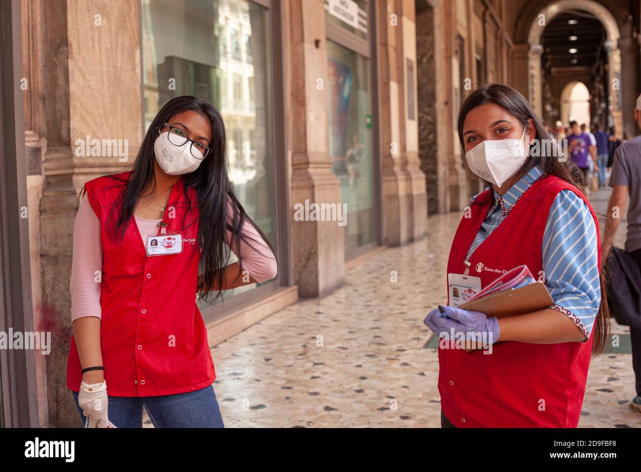 BOLOGNA, ITALY 17 JUNE 2020: Promoter for save the children on the streets Stock Photo