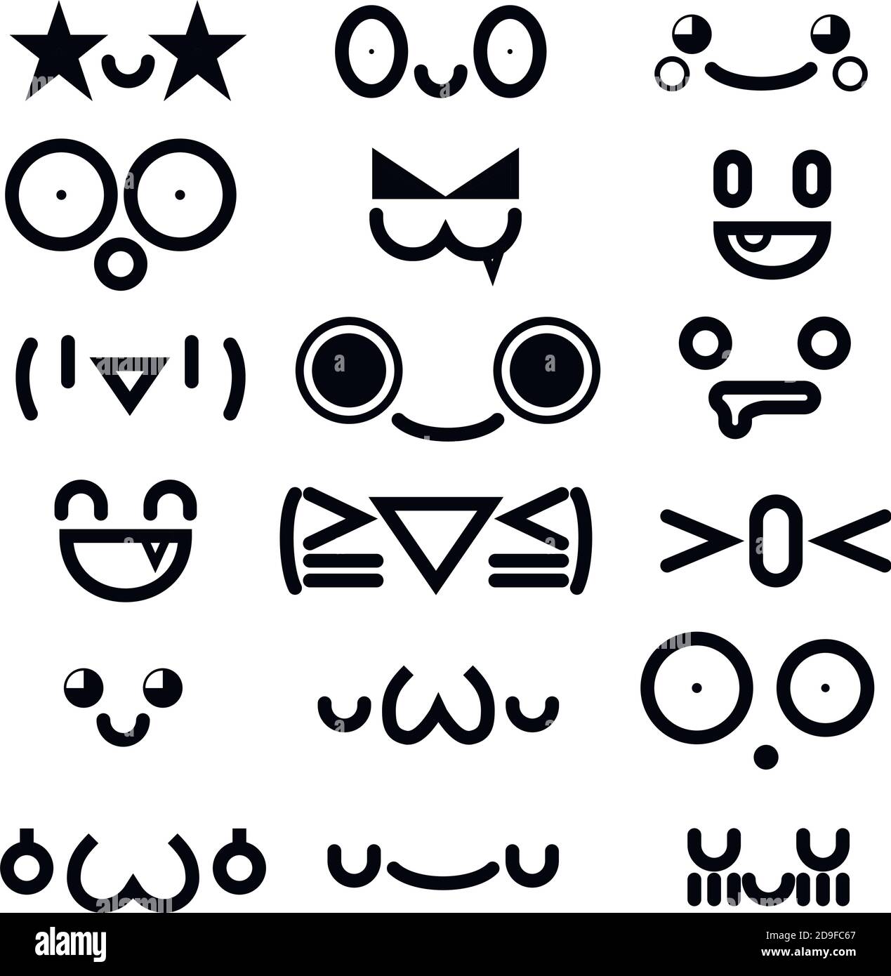 cute kawaii emoticon face collection isolated on white background. Stock Vector