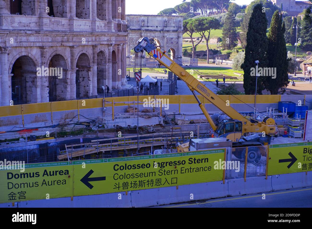 Construction works of the new Fori Imperiali metro station by the Colosseum in Rome Stock Photo