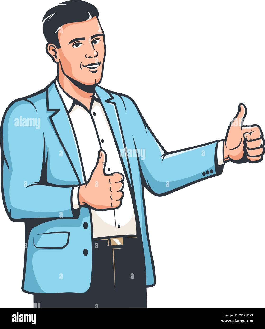 Stylish Man in suit thumb up. Like sign - hand gesture Stock Vector