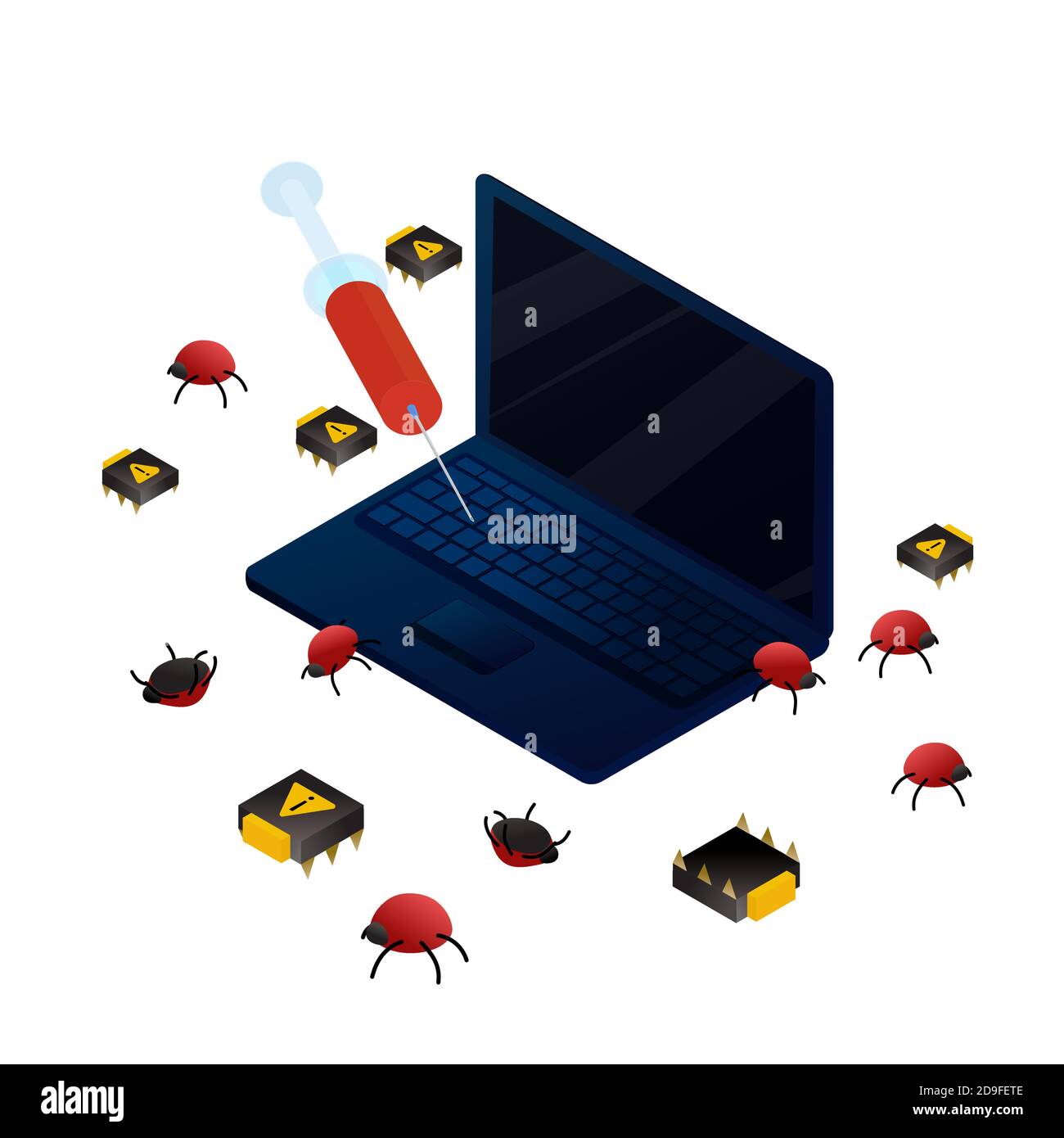 Curing laptop bugs and viruses. Isometric vector illustration data protection and service, information safety concept Stock Vector