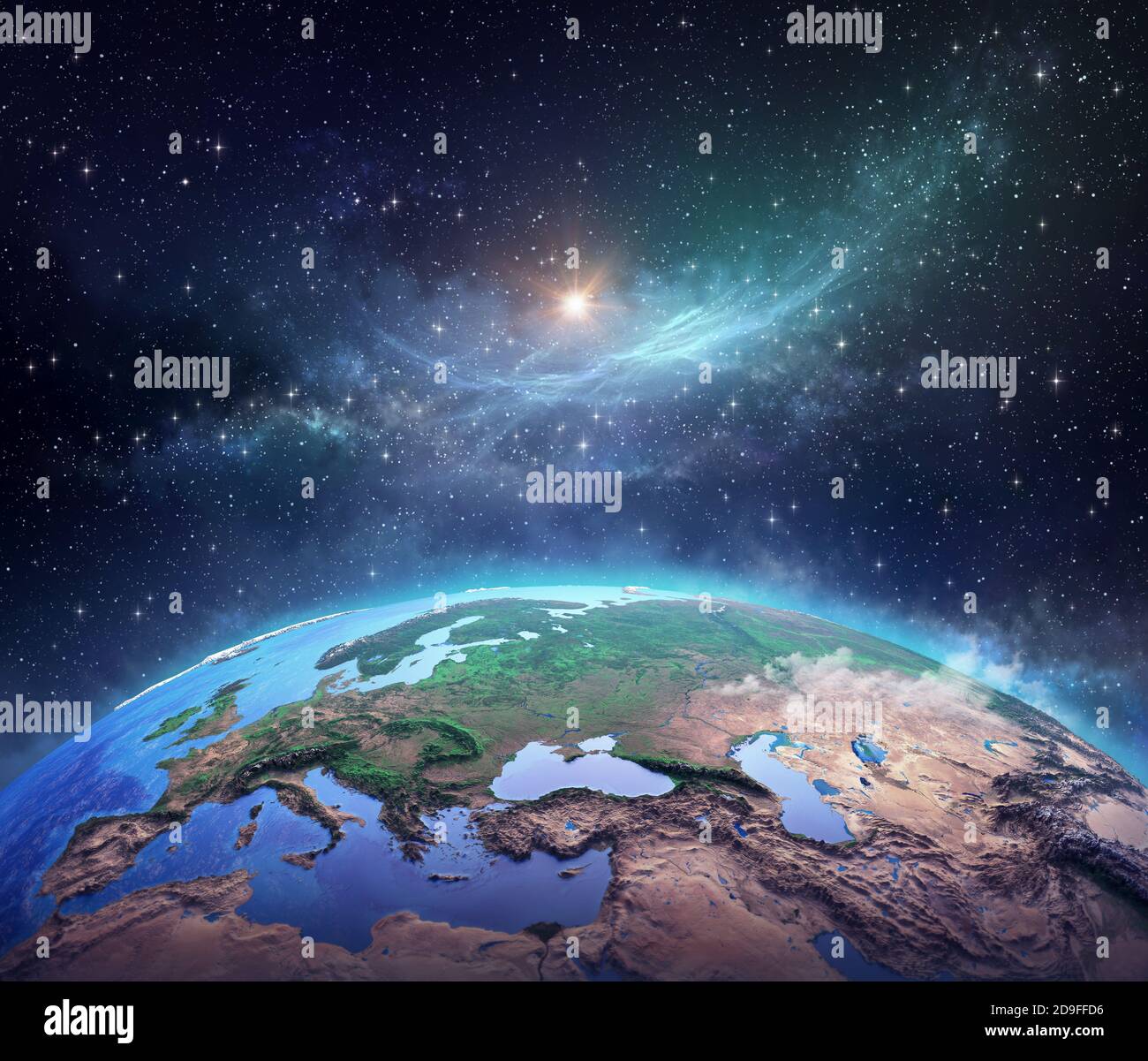 Surface of Planet Earth, space view of the World focused on Europe, galaxies, star cluster, nebula and the Sun shining far behind. Stock Photo