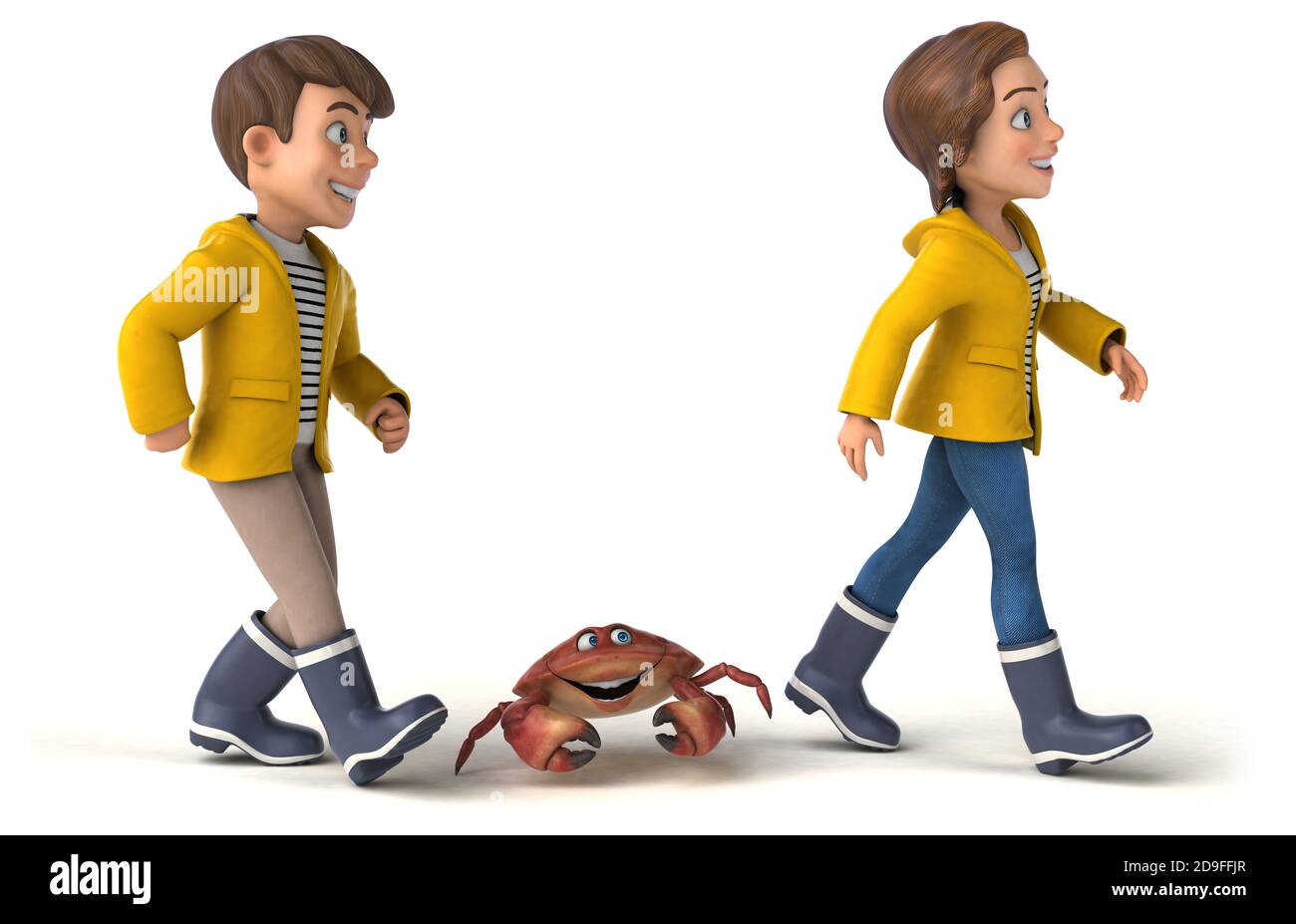 Fun 3D Illustration of cartoon kids with a crab Stock Photo - Alamy