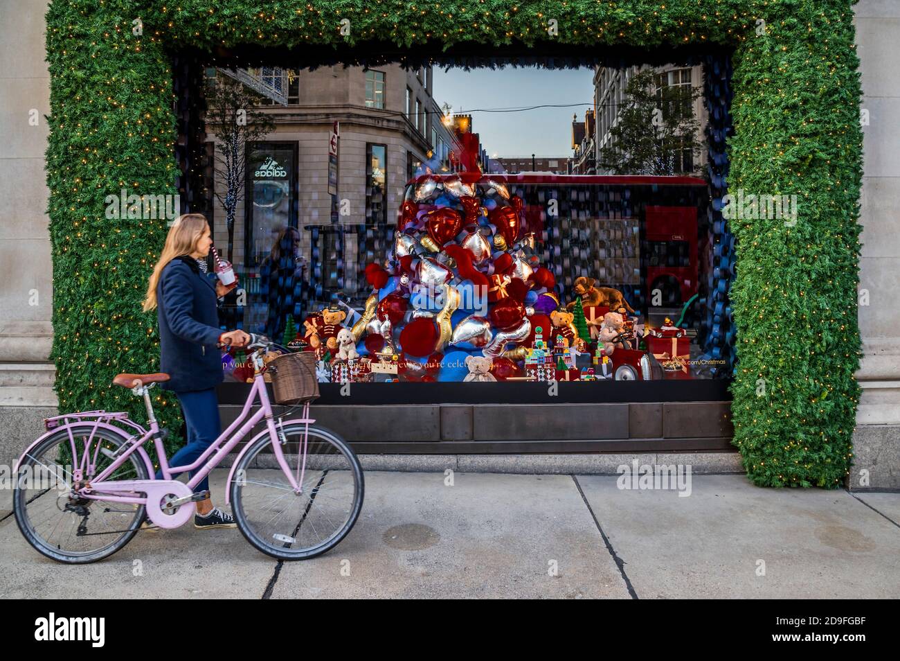 London, UK. 02nd Nov, 2020. Selfridges revealed its Christmas window displays today with unlucky timing. A few people are still out in Oxford Street, despite the new lockdown which came in to force today. Credit: Guy Bell/Alamy Live News Stock Photo
