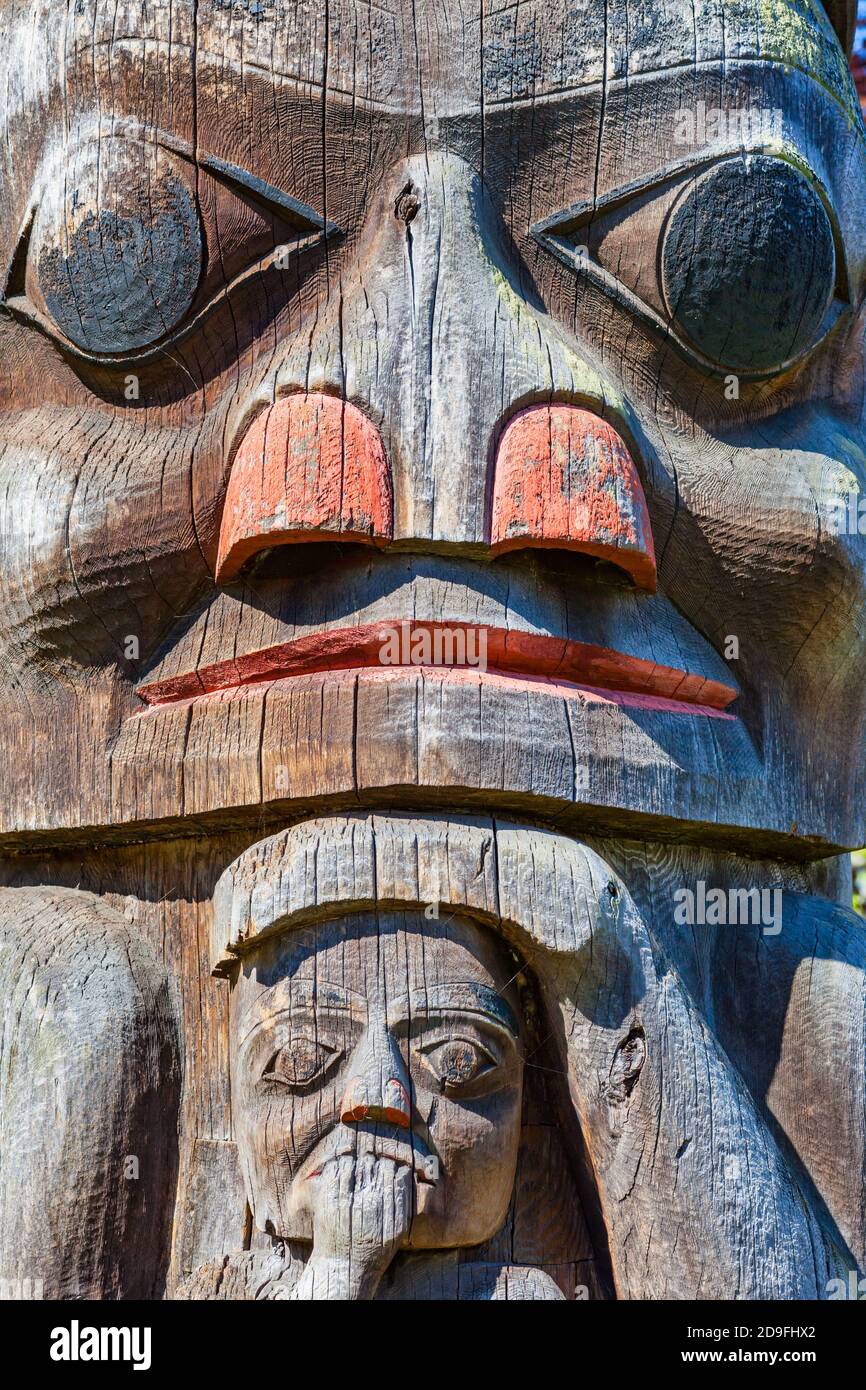 Totem pole detail in Thunderbird Park, Victoria, British Columbia, Canada Stock Photo
