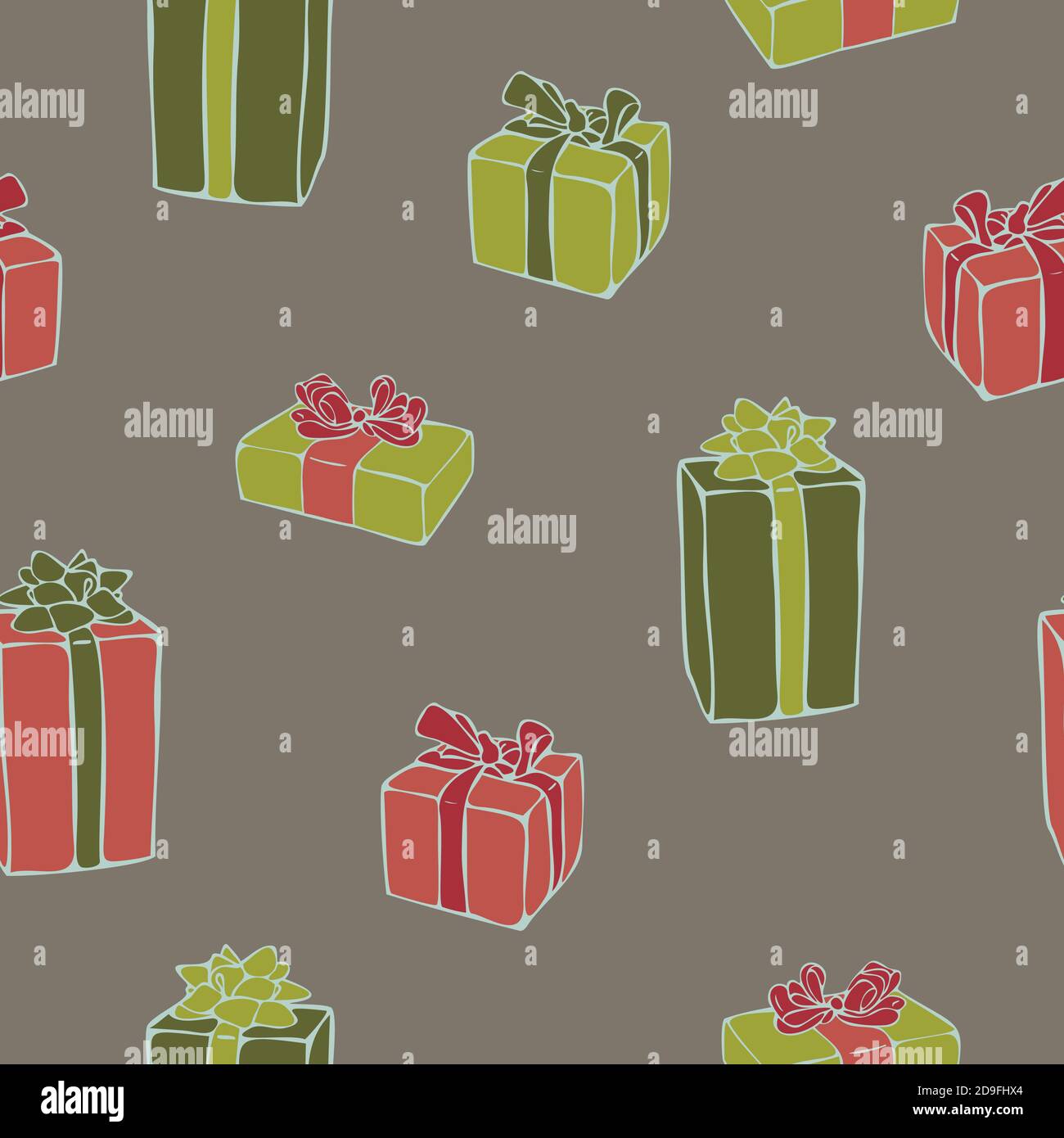 Vector seamless pattern with colorful gift boxes on a green background ...