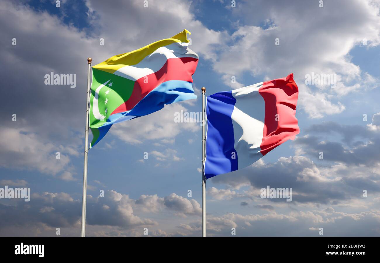 Beautiful national state flags of Comoros and France together at the ...