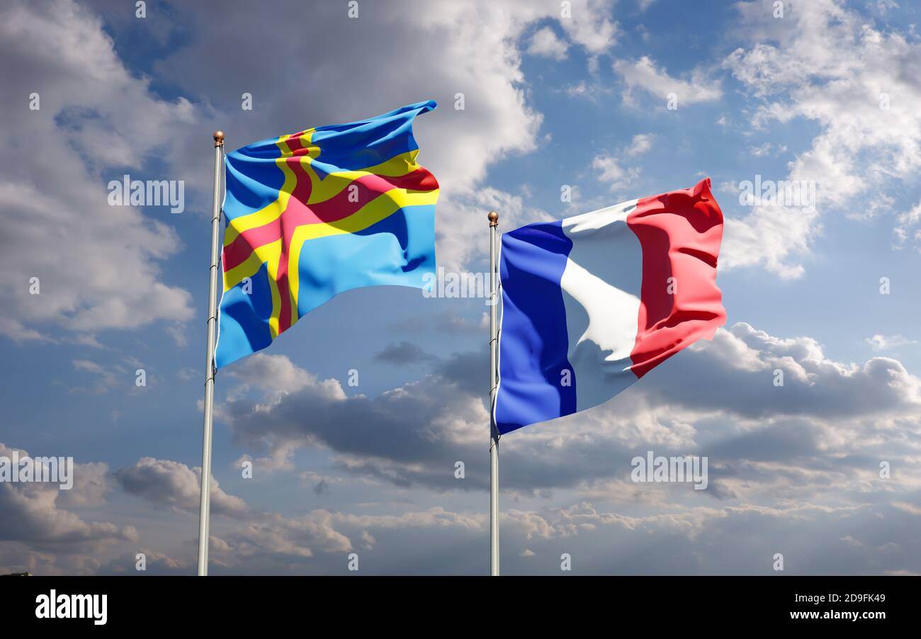 Beautiful national state flags of France and Aland together at the sky ...