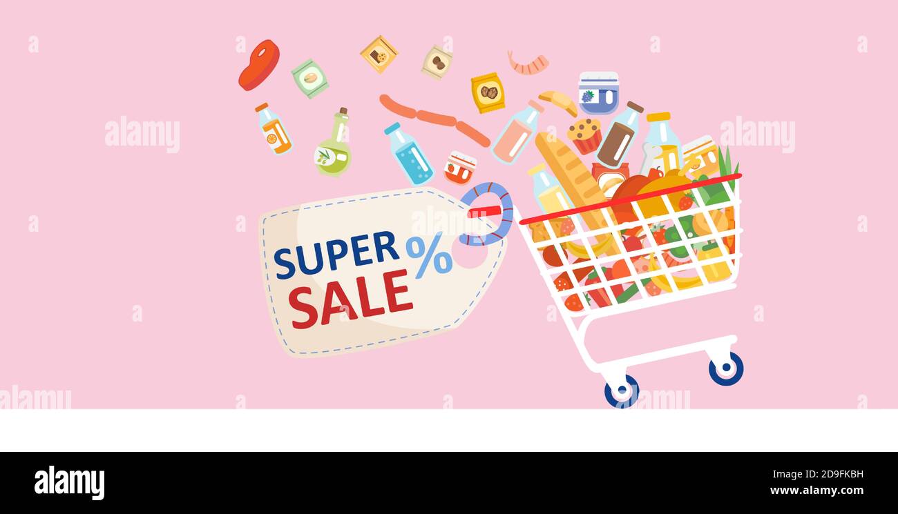 Grocery sale advertisement banner concept. Vector of a shopping cart full of groceries on pink background Stock Vector