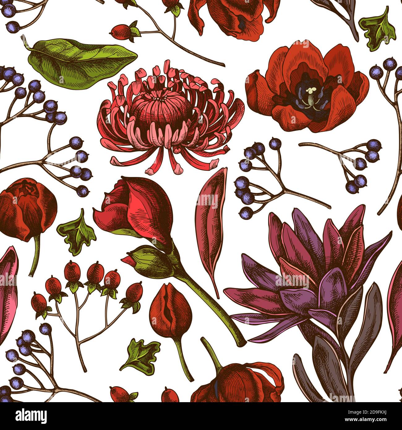 Seamless pattern with hand drawn colored viburnum, hypericum, tulip ...