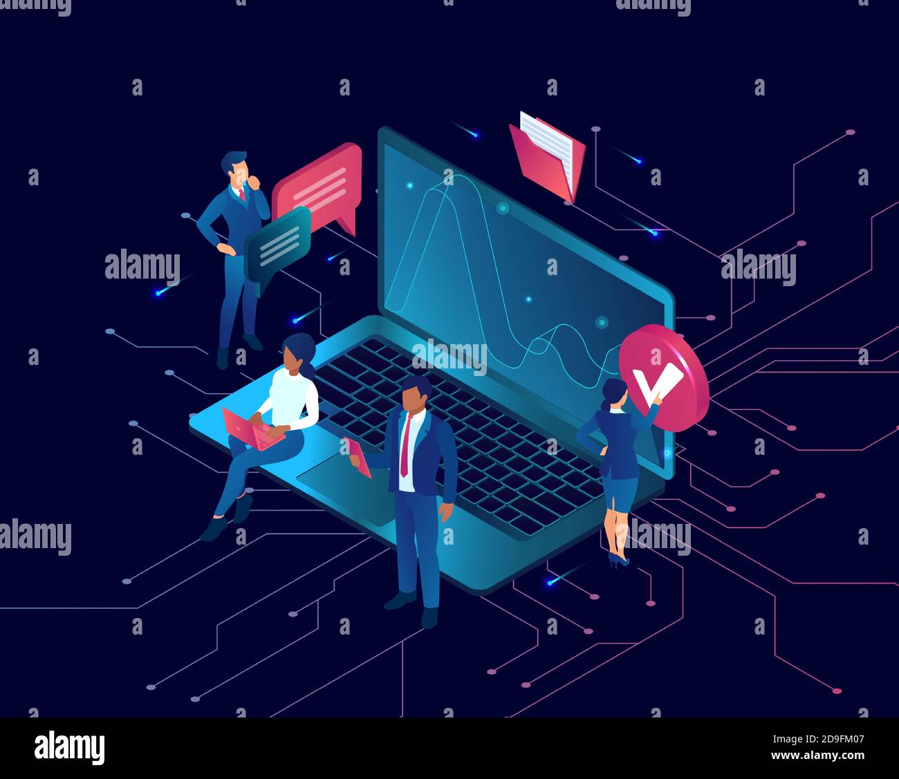 Vector of a business people analyzing internet data on laptop computer Stock Vector
