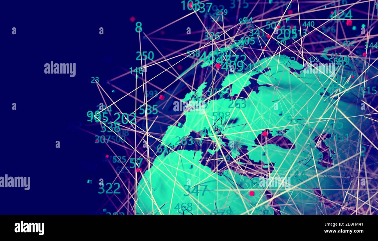 Technology and communication for analytics and data management in internet.3d illustration.World map and computer tools for cybersecurity. Stock Photo