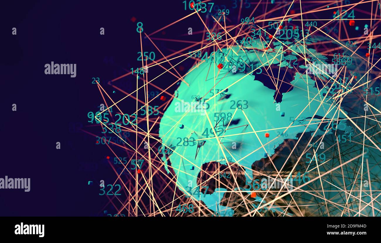 World map and data structure. Communication and technology abstract background.Data science and big data concept.3d illustration Stock Photo