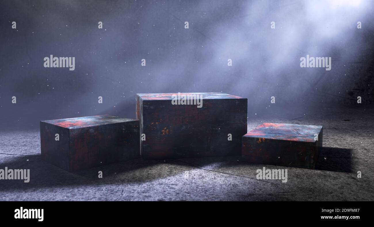 Pedestal or platform on cement floor.3d illustration.Abstract background empty and dark room Stock Photo
