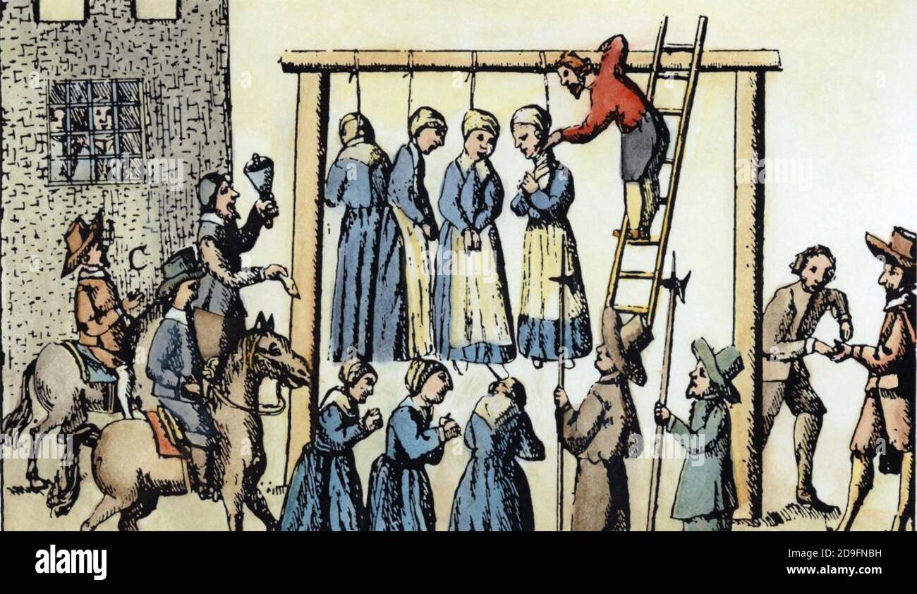 SCOTTISH WITCHES BEING HANGED. Coloured engraving from Sir George Mackenzie's 'Law and Customs in Scotland in Matters Criminal' published in Edinburgh in 1678. Mackenzie had taken part in the Midlothian witchcraft trials of 1661. Stock Photo