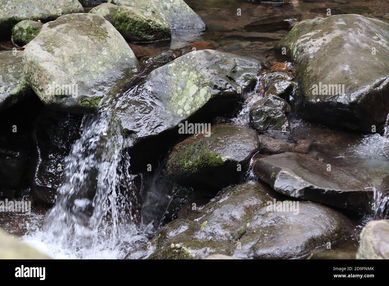 very clear river water flowing between the rocks Stock Photo