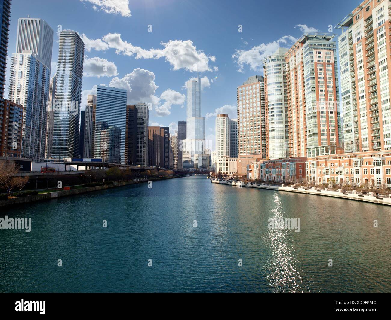 View of downtown buildings along the Chicago River in Cook County Illinois. Stock Photo