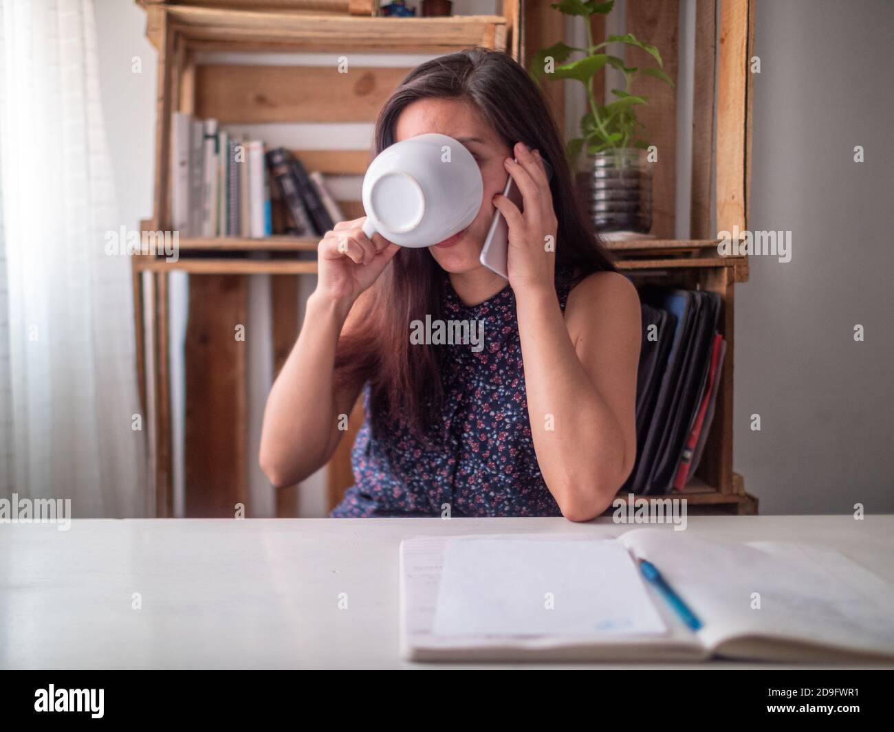 A Young Hispanic Woman Working in a Desk Stock Photo