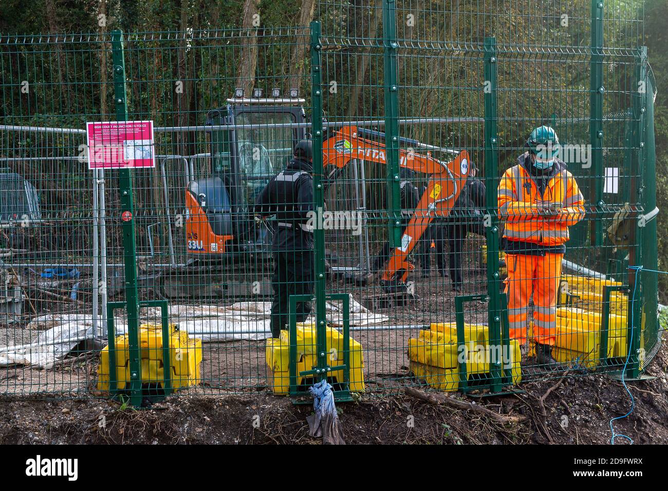 Denham, Buckinghamshire, UK. 5th November, 2020. Despite England now being in a Covid-19 national lockdown for the second time, HS2 are being allowed to continue with their construction work for the new High Speed rail from London to Birmingham. Concrete was being pumped into the foundations for a new HS2 bridge across the chalk stream River Colne in Denham Country Park today. Credit: Maureen McLean/Alamy Live News Stock Photo