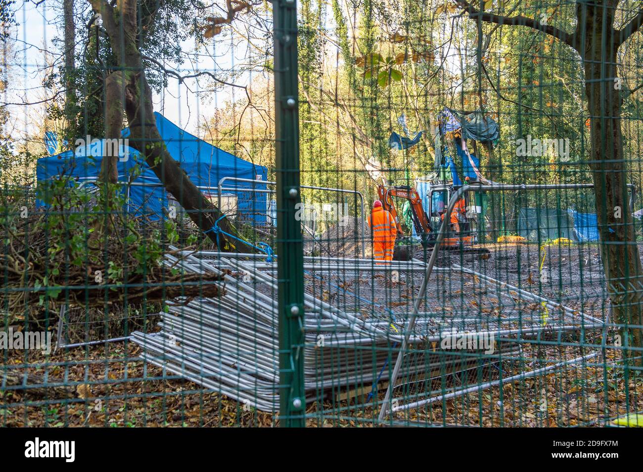 Denham, Buckinghamshire, UK. 5th November, 2020. Despite England now being in a Covid-19 national lockdown for the second time, HS2 are being allowed to continue with their construction work for the new High Speed rail from London to Birmingham. Concrete was being pumped into the foundations for a new HS2 bridge across the chalk stream River Colne in Denham Country Park today. Credit: Maureen McLean/Alamy Live News Stock Photo