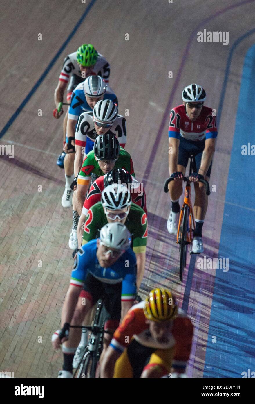 Riders were taking part in the Six Day track championship at Lee Valley Velodrome, London Stock Photo