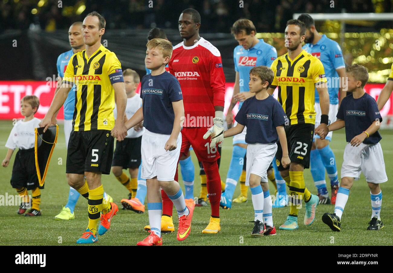 Steve von Bergen , Yvon Mvogo and Scott Sutter of   Young Boys Berne during the Europa League  2014 - 2015 Young Boys Berne - S.S.C. Napoli , Stade de Suisse  on October 23 2014 in Berne ,Suisse- Photo Laurent Lairys/ DPPI Stock Photo