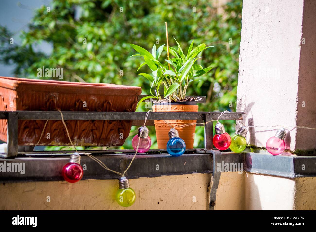 Balcony with fairy lights Stock Photo Alamy